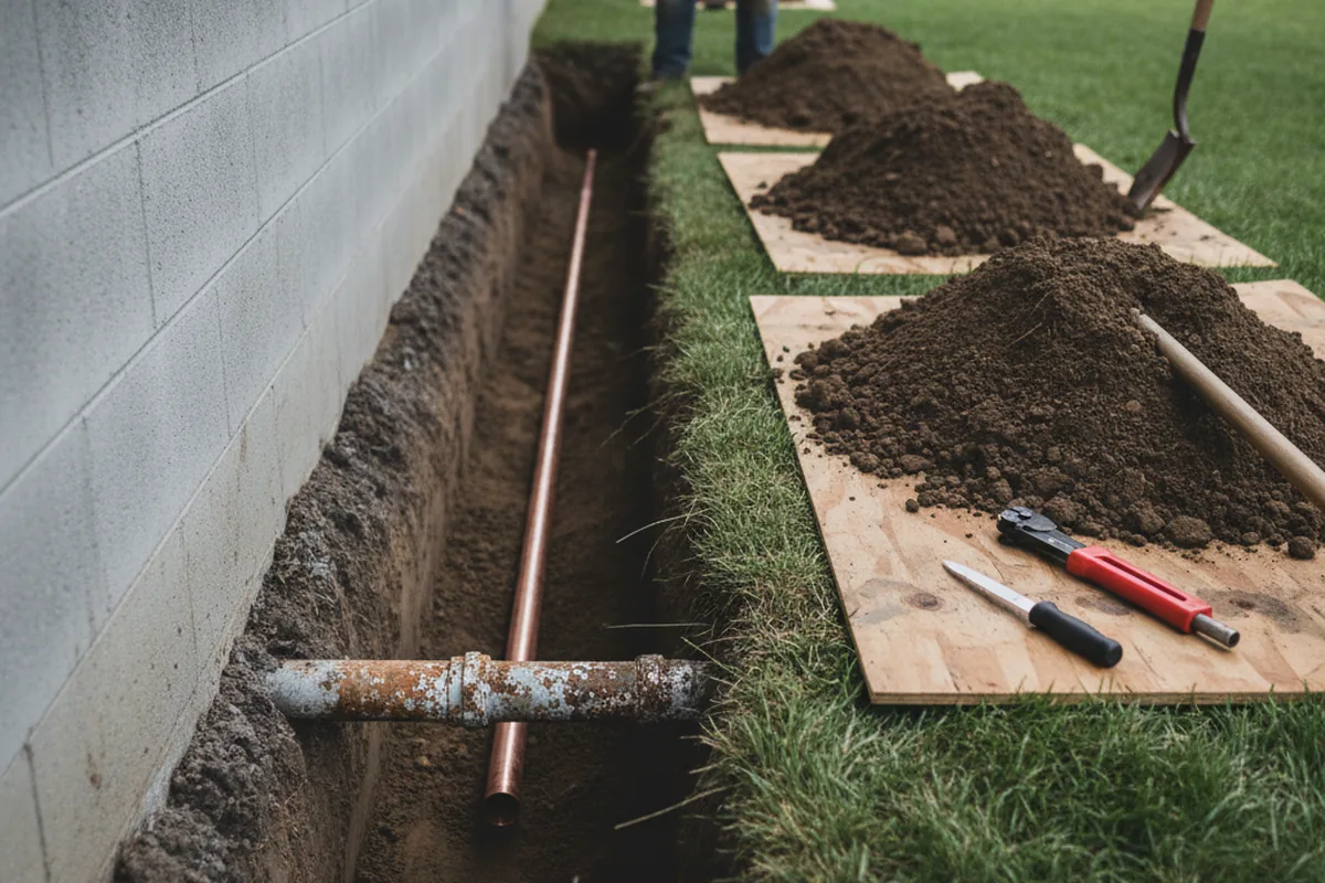 Excavated water line trench during Sewer Line Repair in Hassell